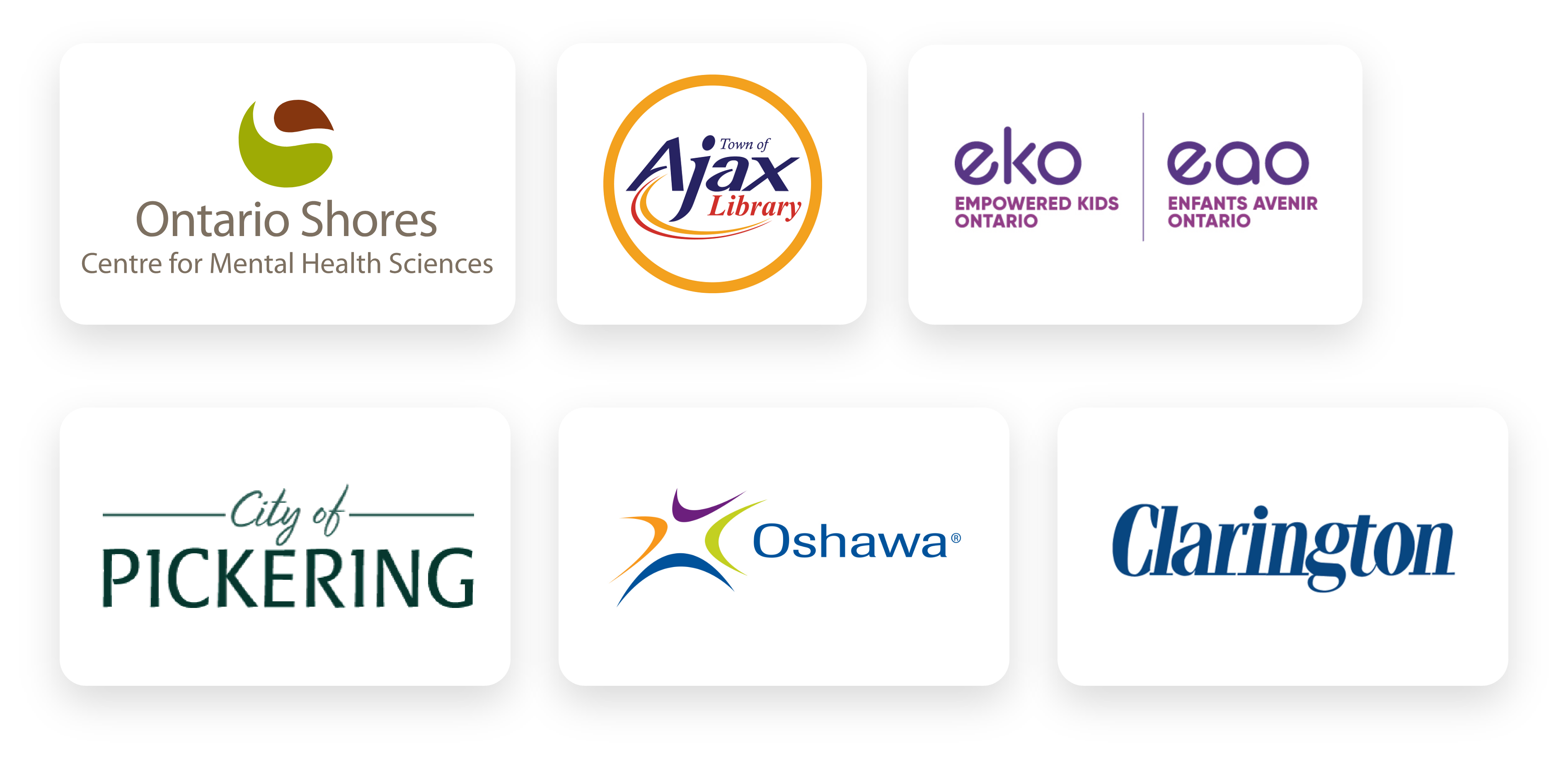 A group of logos showcasing Ontario Shores, The Town of Ajax, Empowered Kids Ontario, The City of Pickering, The City of Oshawa, and The Municipality of Clarington.