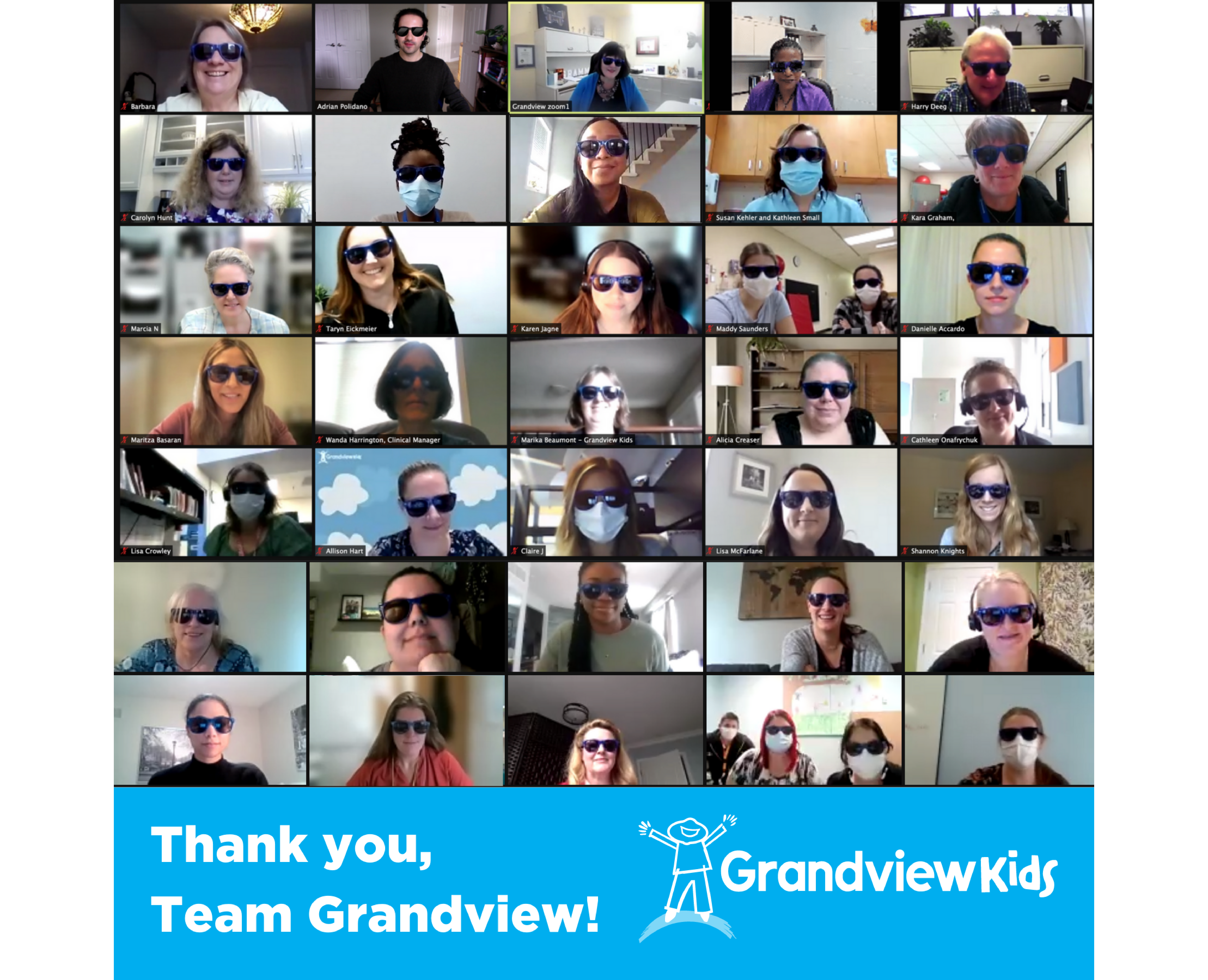 A screenshot showing Team Grandview members on Zoom, wearing sunglasses as part of the Mission Possible Accreditation Event.